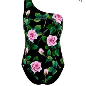 NEW Dolce & Gabbana Floral One-shoulder One-piece Swimsuit In Black